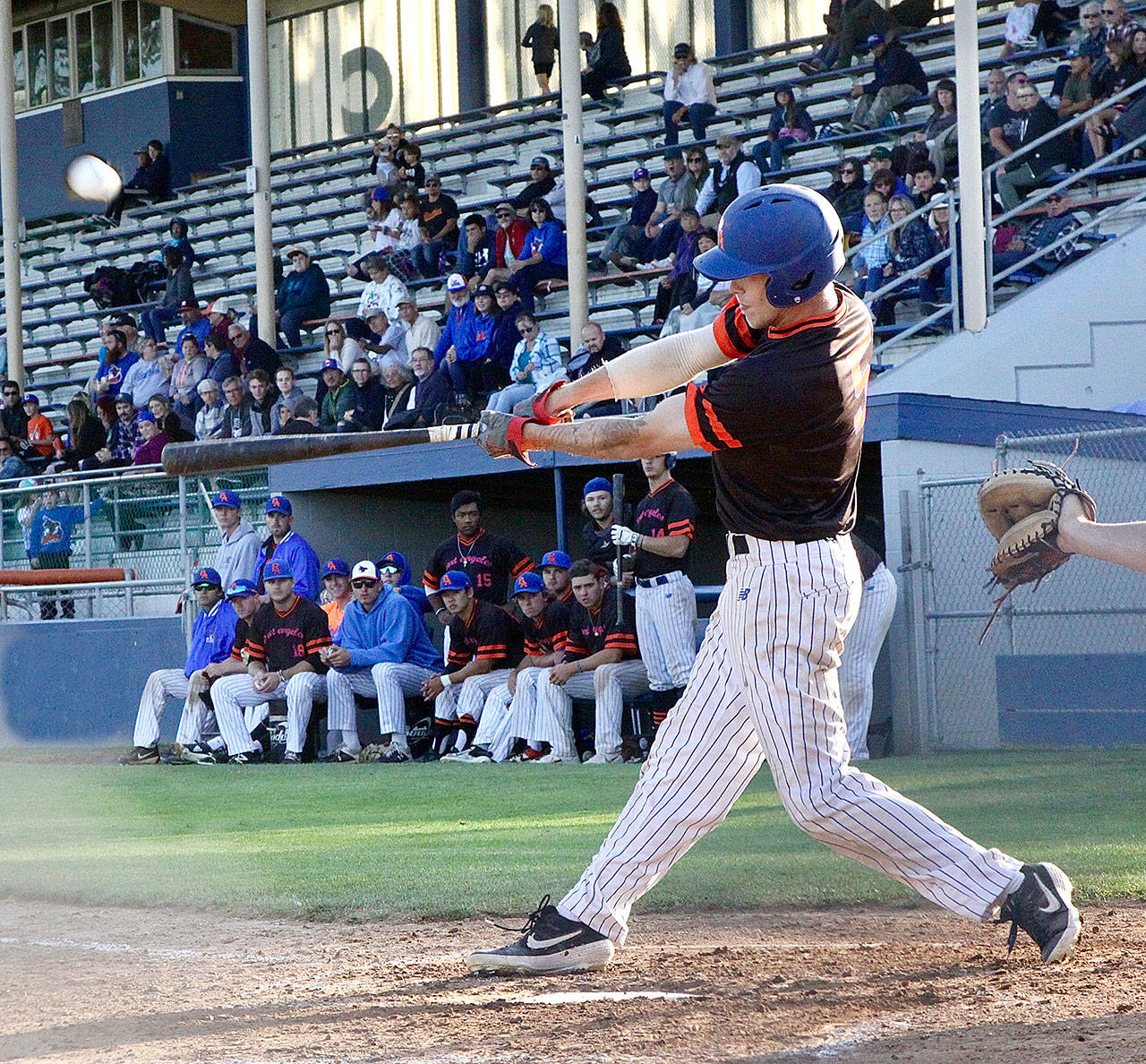 The Lefties’ Gavin Rork takes a cut during a Lefties’ game at Civic Field on August 7. Rork finished the season batting .295 with 24 steals, the second-most in the West Coast League. (Dave Logan/for Peninsula Daily News)