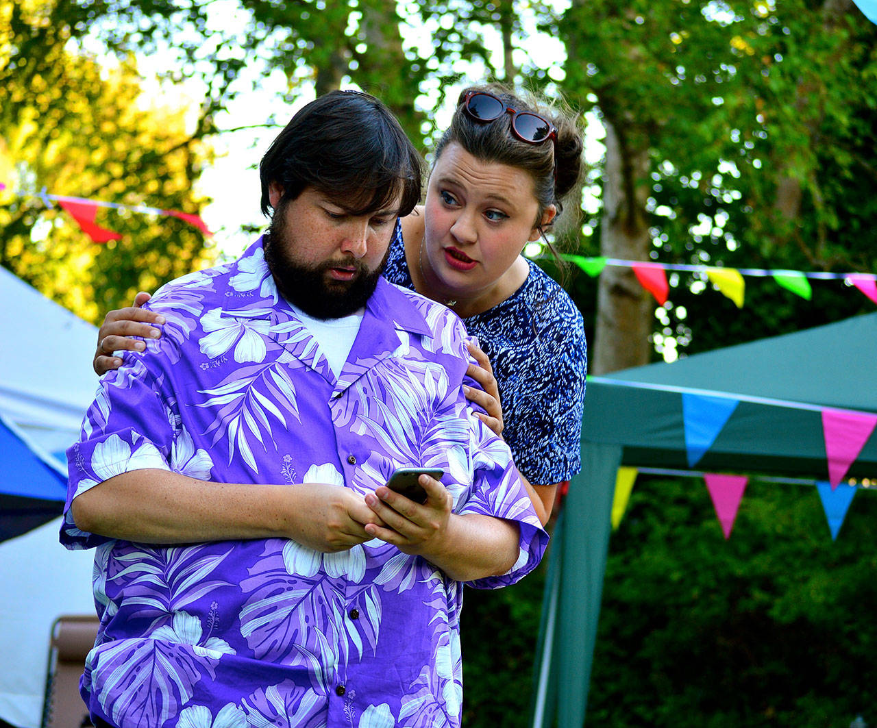 Sir John Falstaff (Brendan Chambers) and Mistress Quickly (Genevieve Barlow) play off each other in Shakespeare’s “The Merry Wives of Windsor.” The play closes this Sunday at Chetzemoka Park in Port Townsend. (Diane Urbani de la Paz/for Peninsula Daily News)