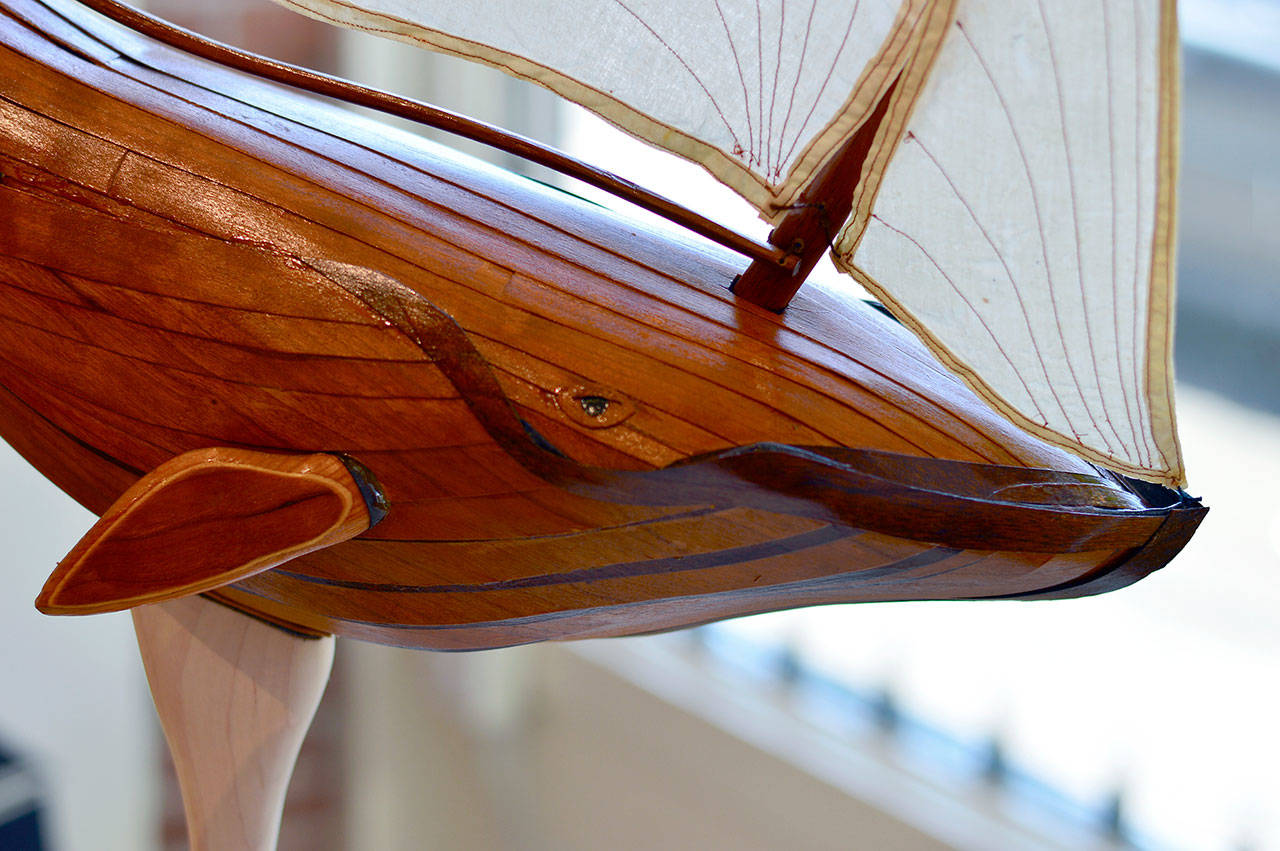 Cherry veneer, cloth and wood form “Finwhale Frigate,” a work in the Northwind Arts Center’s “Whales, Ships, and Sky” show. (Diane Urbani de la Paz/for Peninsula Daily News)