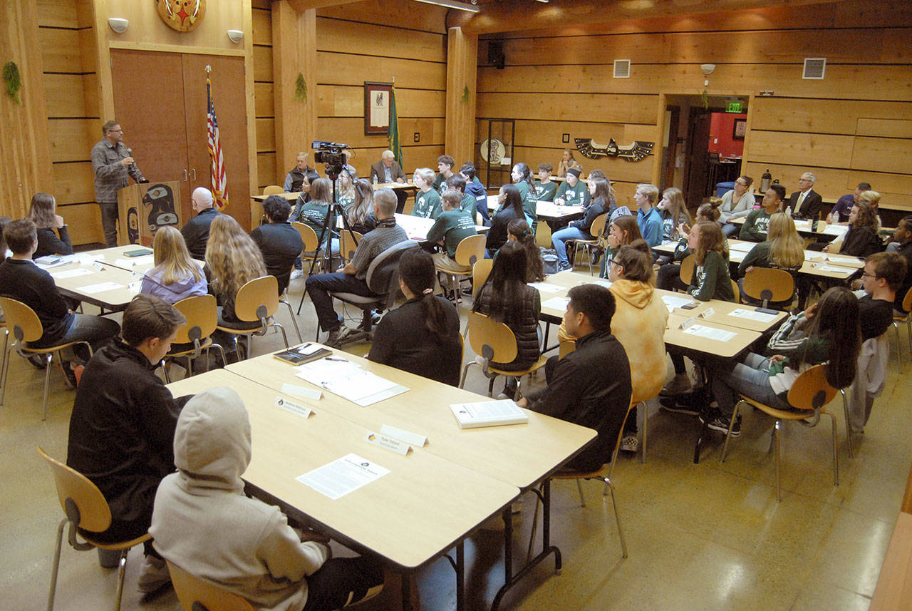 Student leaders from Port Angeles and Sequim high schools listen to presentations from state legislators and the college president Tuesday at the Longhouse on the Port Angeles campus of Peninsula College. (Keith Thorpe/Peninsula Daily News)