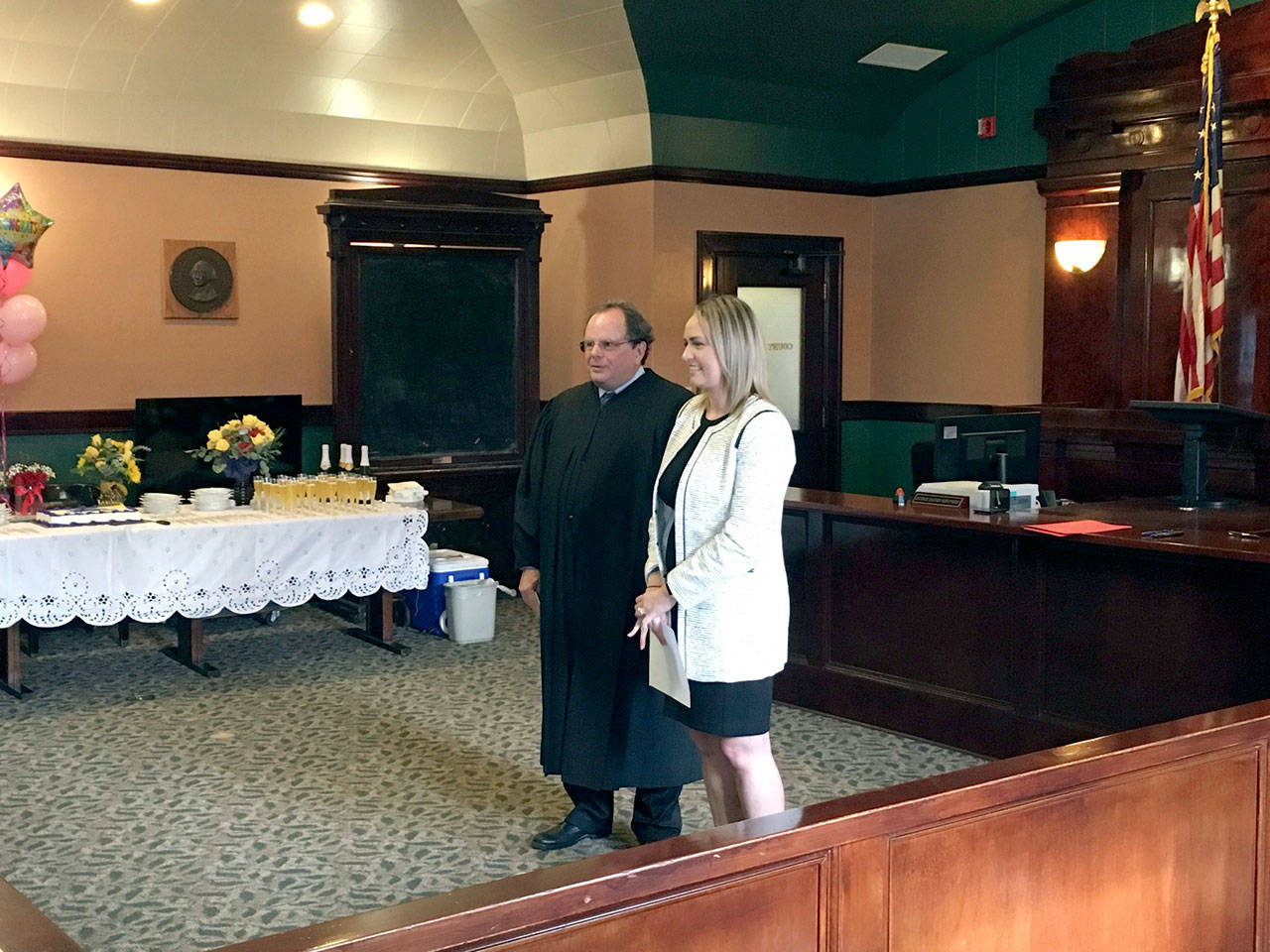 Holly McKeen, Clallam County’s newest deputy prosecuting attorney, is pictured after District Court Judge Dave Neupert administered the oath of attorney. (Rob Ollikainen/Peninsula Daily News)