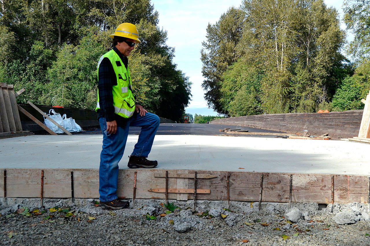 Pat McElroy, an engineer for Clallam County, said construction crews plan to place about 8 inches of gravel and 6 inches of hot asphalt to repave the Ward Bridge over the Dungeness River. (Matthew Nash/Olympic Peninsula News Group)