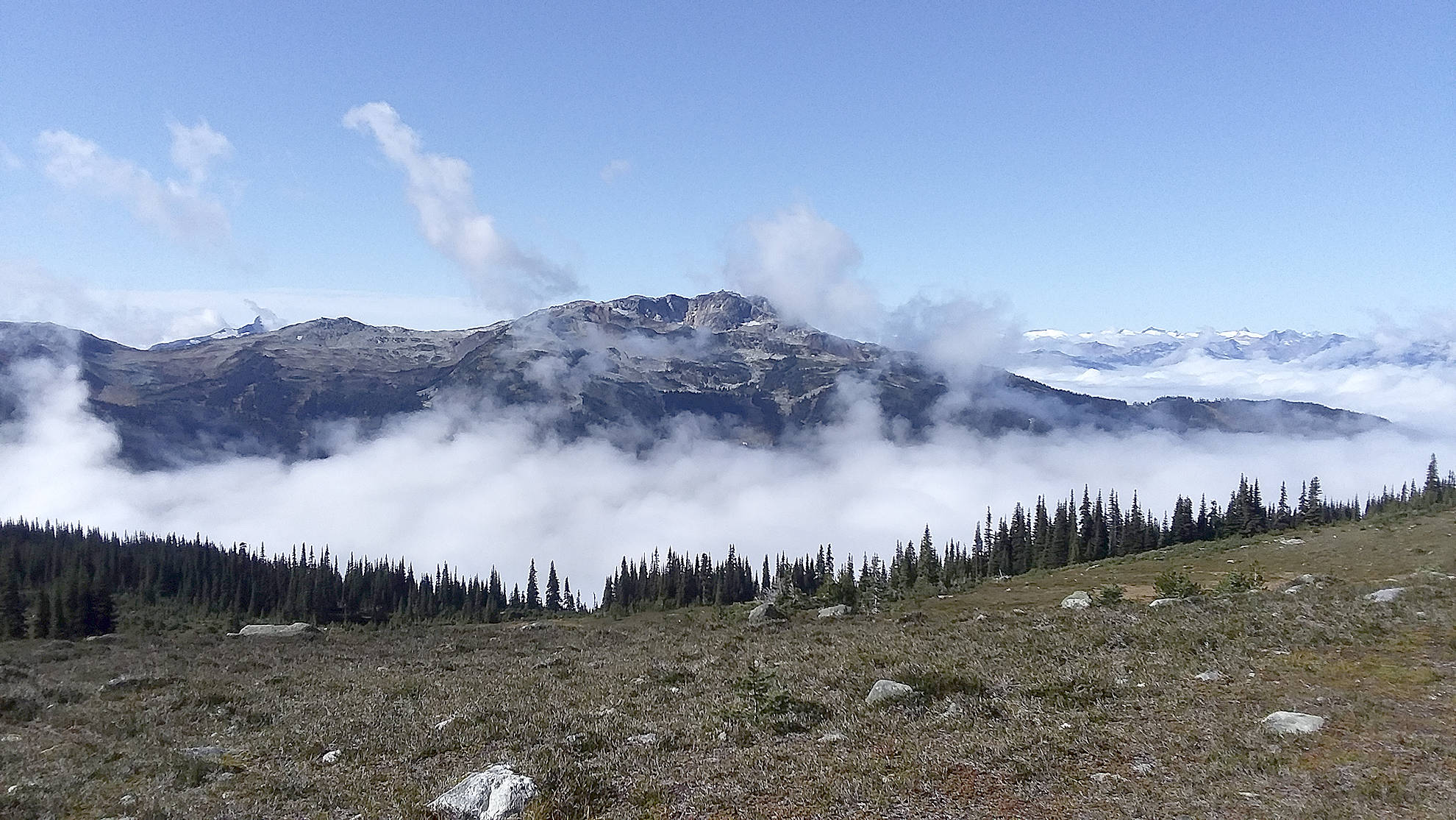 <strong>Pierre LaBossiere</strong>/Peninsula Daily News                                Whistler Mountain as seen from Blackcomb Lake at about 6,400 feet, the high point of the hike between the Blackcomb Gondola and Decker Tarn.