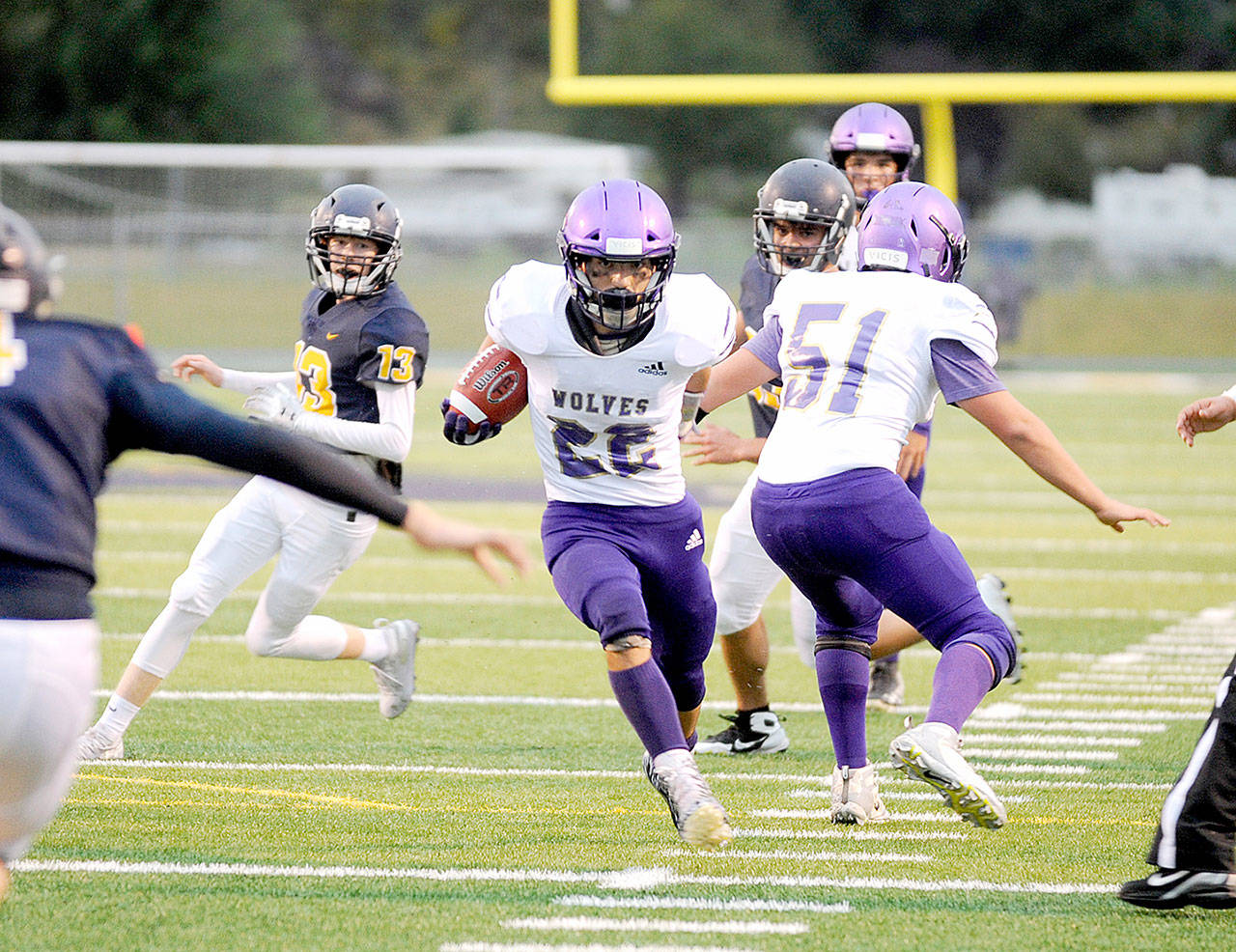 Sequim’s Walker Ward (22) is one of the reasons the Wolves are off to a 3-1 start this season. Sequim has a home game today versus a resurgent Kingston team. (Michael Dashiell/Olympic Peninsula News Group)