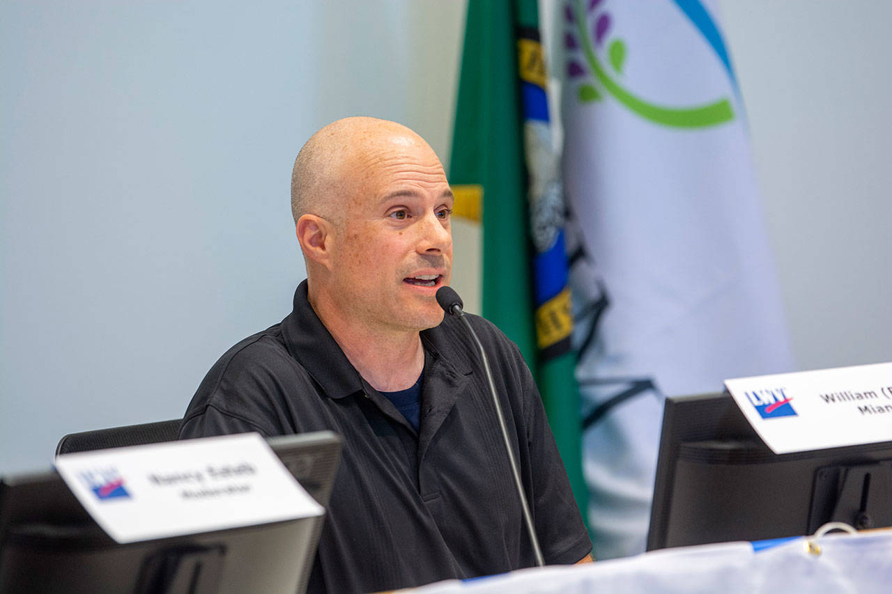 Bill Miano, a candidate for position 3 on the Clallam County Fire District No. 3 board of commissioners, speaks during a League of Women Voters forum Sunday. (Jesse Major/Peninsula Daily News)