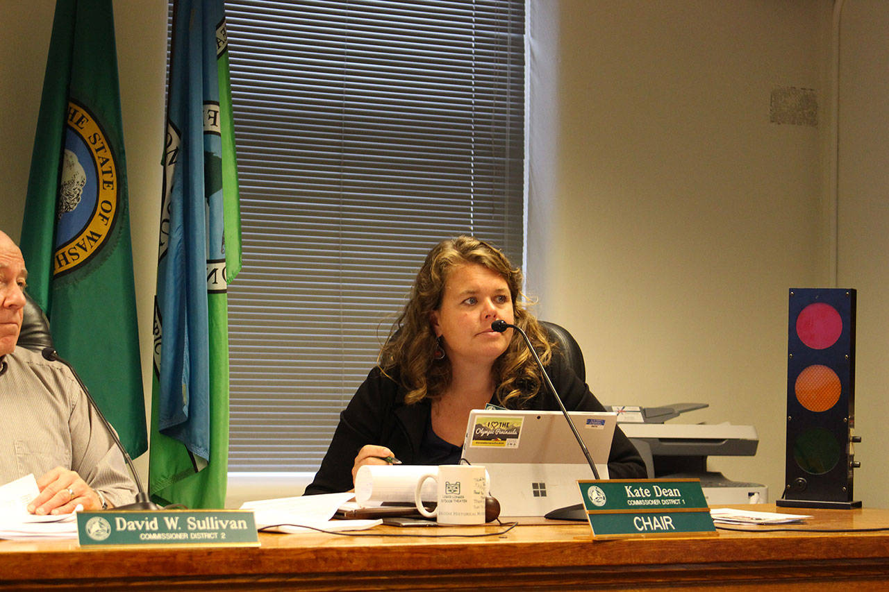 Jefferson Board of County Commissioners Chair Kate Dean discusses the draft hearing examiner code during the commission’s Monday meeting at the Jefferson County Courthouse. (Zach Jablonski/Peninsula Daily News)