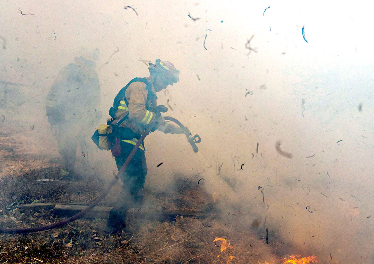 Firefighters from San Matteo work to extinguish flames from the Kincade Fire in Sonoma County, Calif., on Sunday. (AP Photo/Ethan Swope)