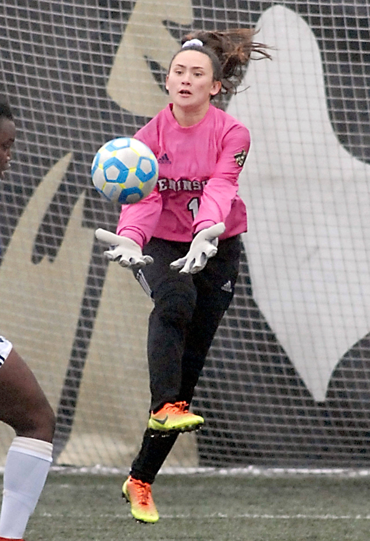 Peninsula goalkeeper Andrea Kenagy is the program’s all-time leader in shutouts. She also earned the 2018 NWAC Championship MVP award when the Pirates won the title last season. (Keith Thorpe/Peninsula Daily News)