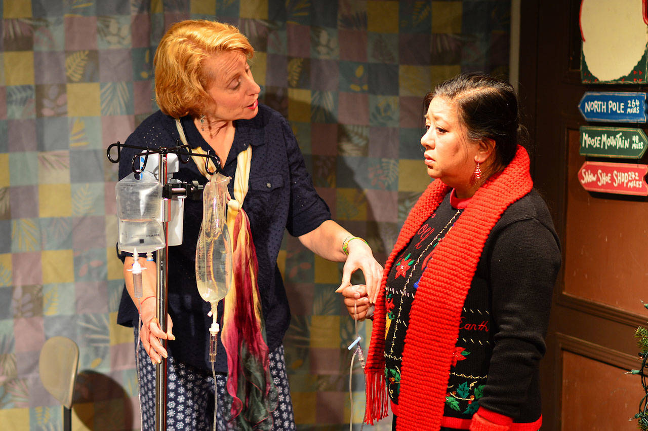 Inspirational author Wanda Moore (Michelle Hensel), left, comforts Marcy (Consuelo Aduviso Brennan) in “Mercy Falls,” the comedy at Port Townsend’s Key City Public Theatre this weekend. (Diane Urbani de la Paz/for Peninsula Daily News)