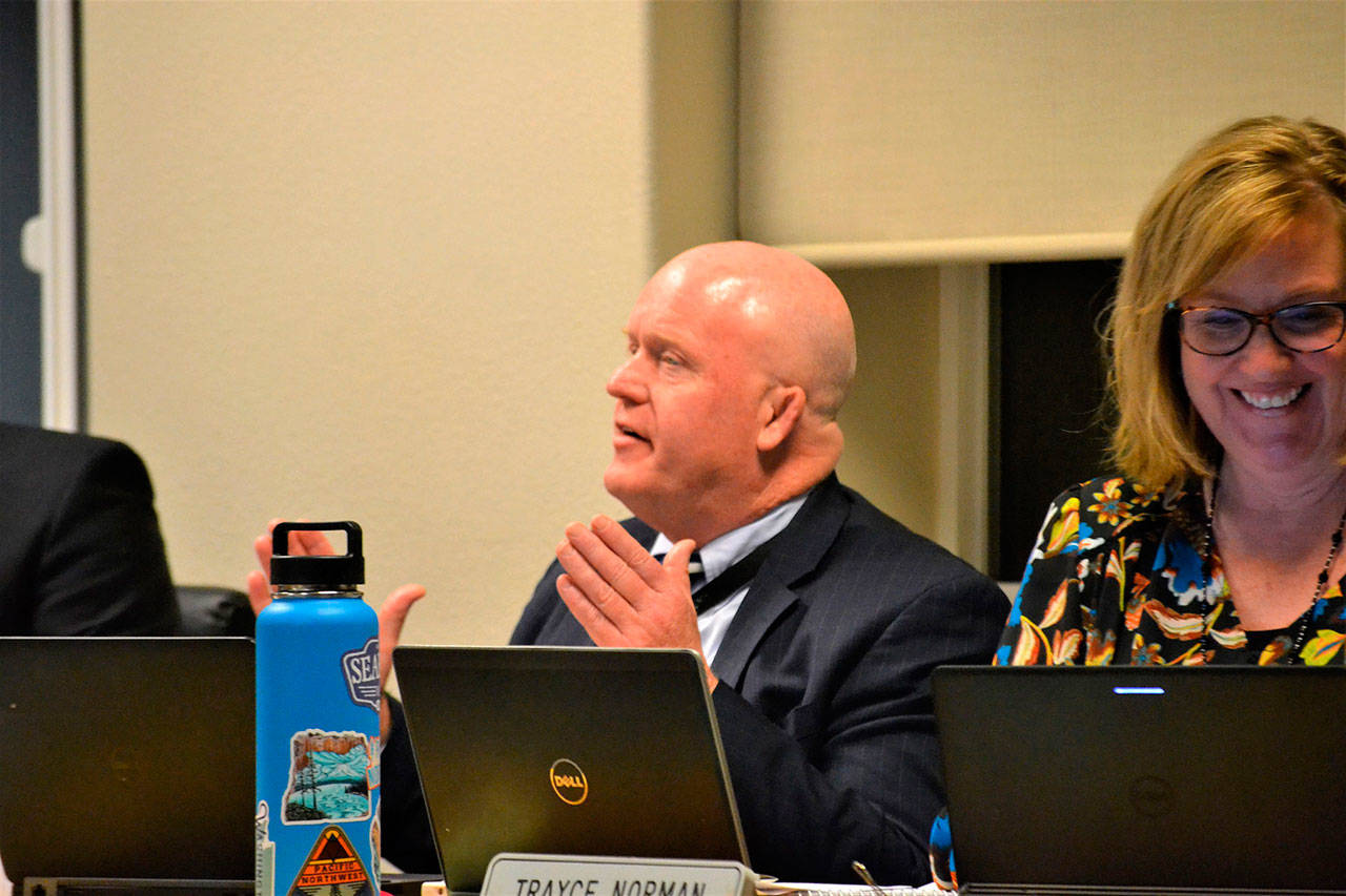 Dr. Rob Clark, interim Sequim School District superintendent, said at the Dec. 2 school board meeting he’s open to a one year extension of his contract through June 2021. Board members plan to send out a survey seeking input on his performance so far. Sequim Gazette photo by Matthew Nash                                Dr. Rob Clark, interim Sequim School District superintendent, said at the Dec. 2 school board meeting he’s open to a one-year extension of his contract through June 2021. Board members plan to send out a survey seeking input on his performance so far. (Matthew Nash/Olympic Peninsula News Group)