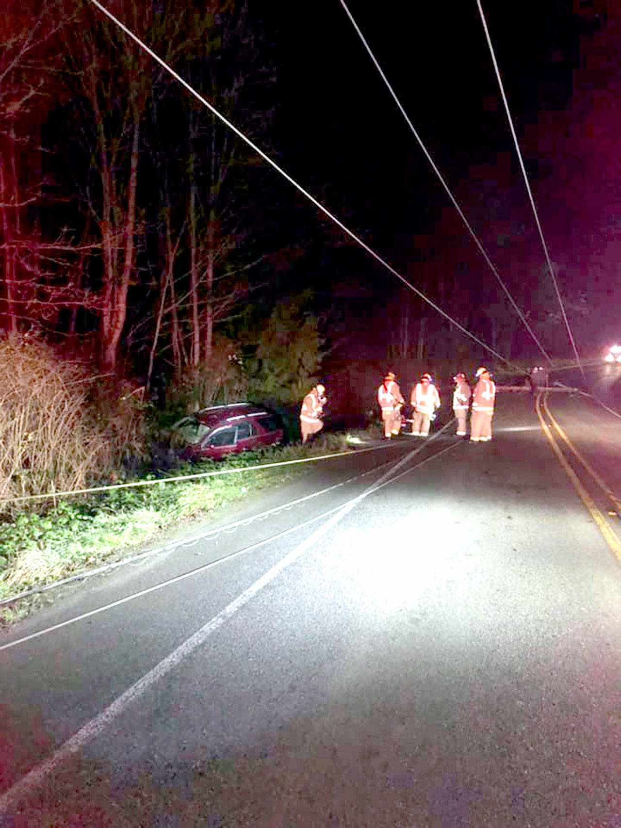 A car-pole collision fully blocked state Highway 116 at milepost 1 near Port Hadlock for about eight hours Monday night and Tuesday morning. Up to 1,800 customers were without power for about four hours, and about 65 were out for nearly 10 hours as Jefferson County Public Utility District workers replaced the pole. (Jefferson County Sheriff’s Office)