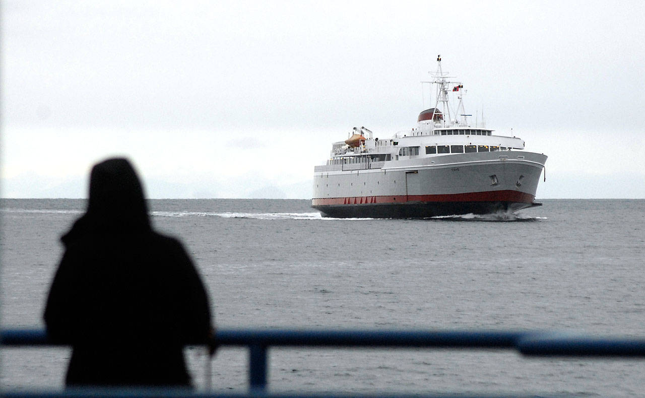 The MV Coho ferry sails into Port Angeles Harbor from Victoria. The ship celebrates 60 years of service today.                                (Keith Thorpe/Peninsula Daily News)