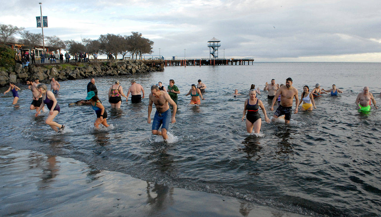 Roughly 100 brave cold sea at Hollywood Beach on New Year’s Day