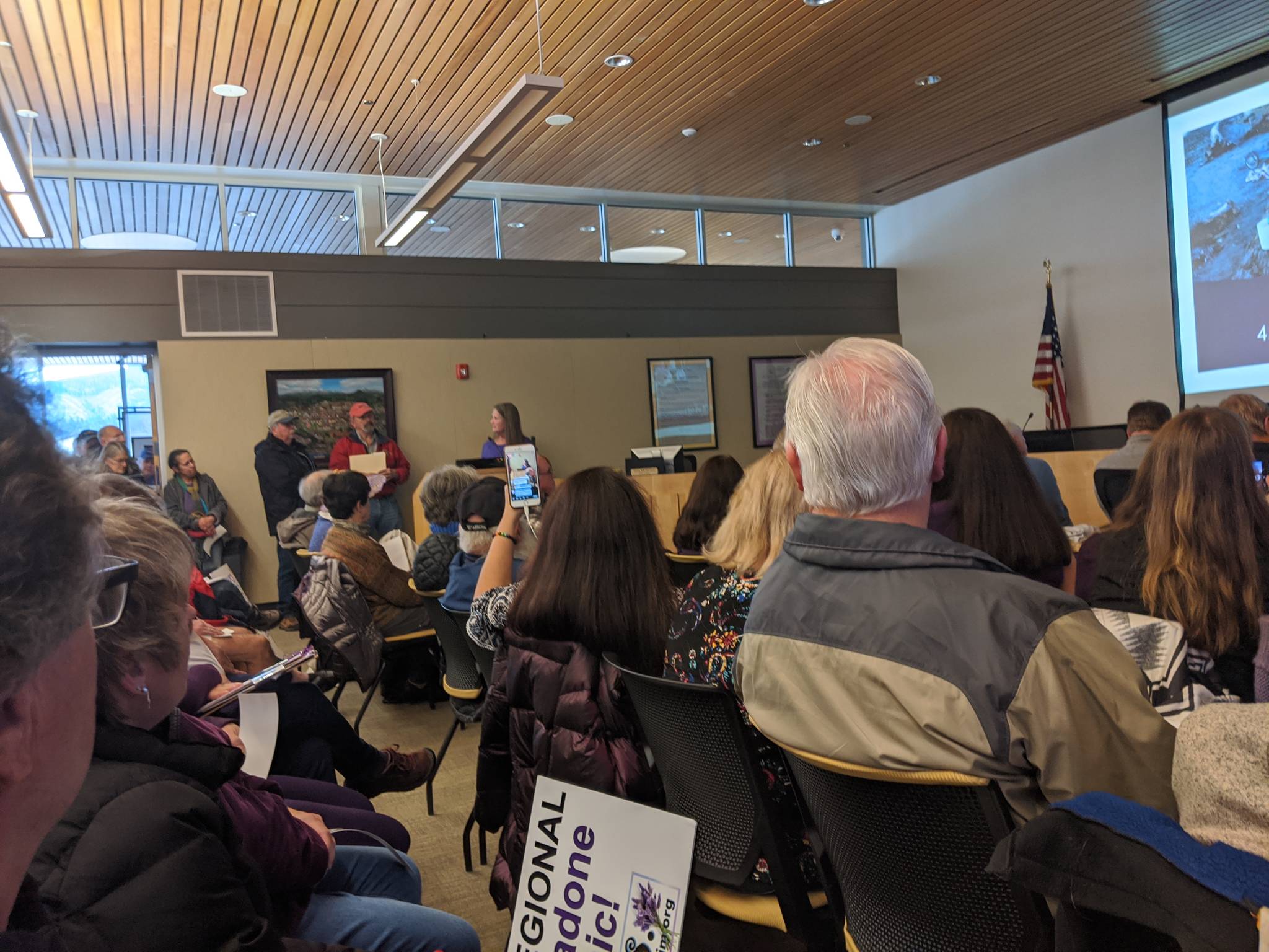 Save Our Sequim member Jenna Rose, at the lectern, speaks to state Sen. Kevin Van De Wege and state Reps. Mike Chapman and Steve Tharinger about the Jamestown S’Klallam Tribe’s proposed medication assisted treatment clinic in Sequim. Conor Dowley/Olympic Peninsula News Group                                Save Our Sequim member Jenna Rose, at the lectern, speaks to state Sen. Kevin Van De Wege and state Reps. Mike Chapman and Steve Tharinger about the Jamestown S’Klallam Tribe’s proposed medication assisted treatment clinic in Sequim. (Conor Dowley/Olympic Peninsula News Group)