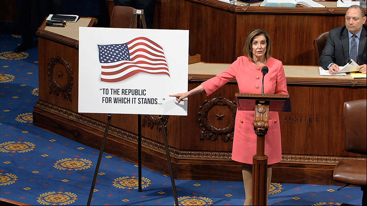 In this image from video, House Speaker Nancy Pelosi of Calif., speaks as the House of Representatives debates the impeachment managers resolution at the Capitol in Washington on Wednesday, Jan. 15, 2020. (House Television via AP)