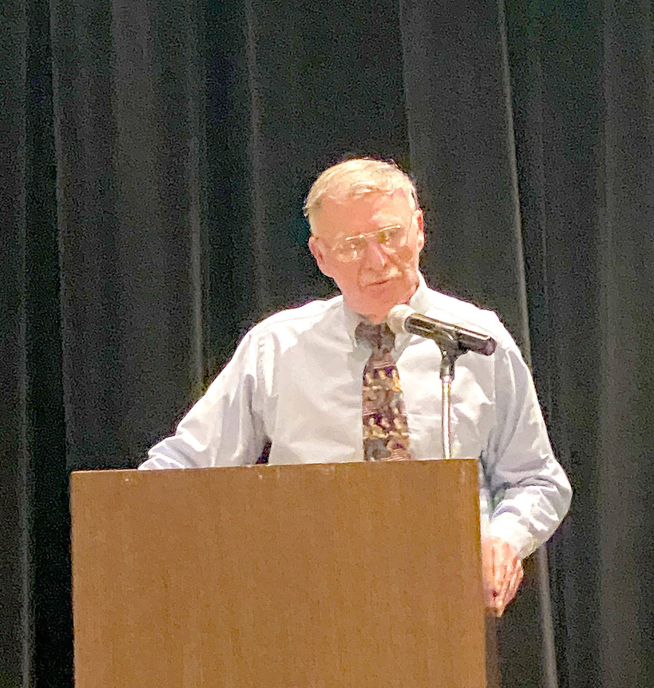 Longtime Port Angeles High School track and field coach Bob Sheedy speaks in Tacoma on Friday as he is inducted into the Washington State Track and Field Coaches Hall of Fame. Sheedy, who semi-retired last year, will also be inducted into the Port Angeles Roughriders Hall of Fame in April.