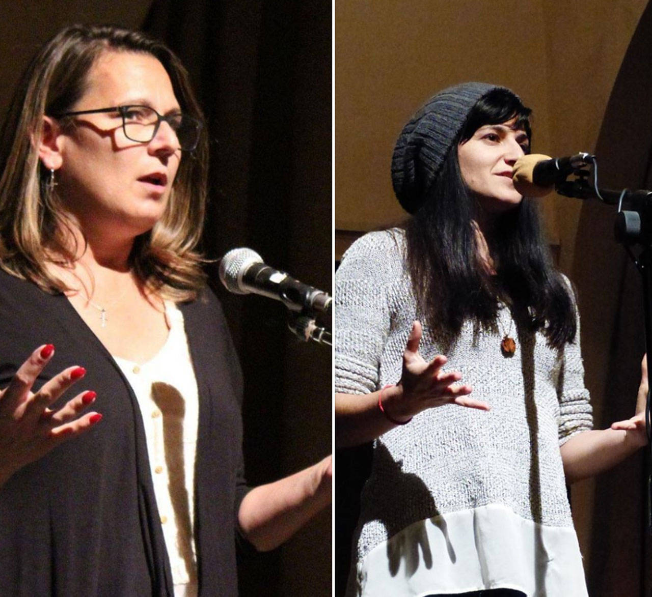 Jeanne Sparks, left, and Nessa Goldman will host the Out Loud Story Slam on Thursday evening in Port Angeles.