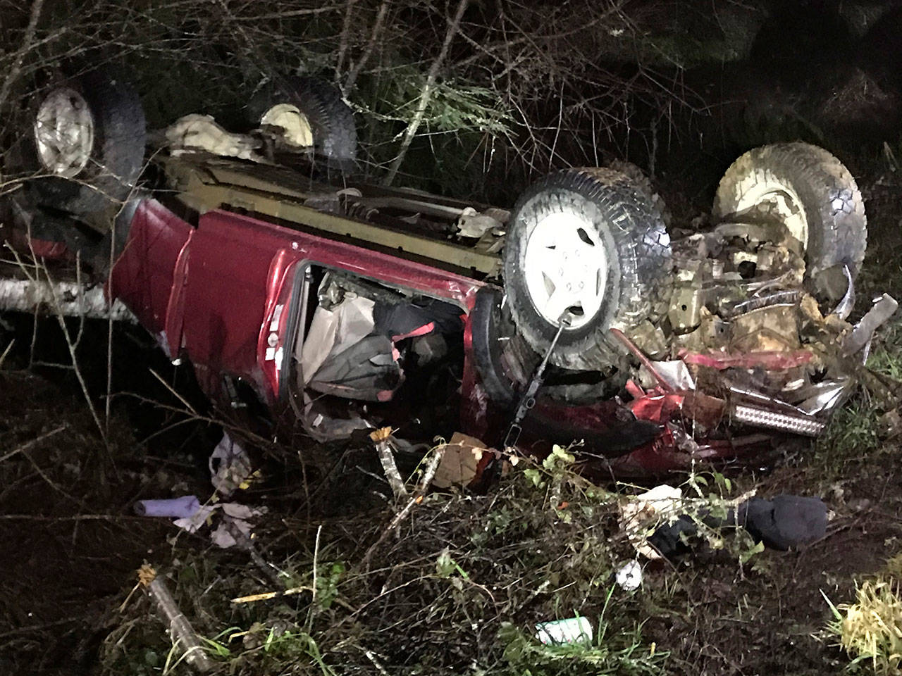 A pickup truck overturned in a Sunday evening crash that resulted in no serious injuries, authorities said. (Clallam County Fire District 4)