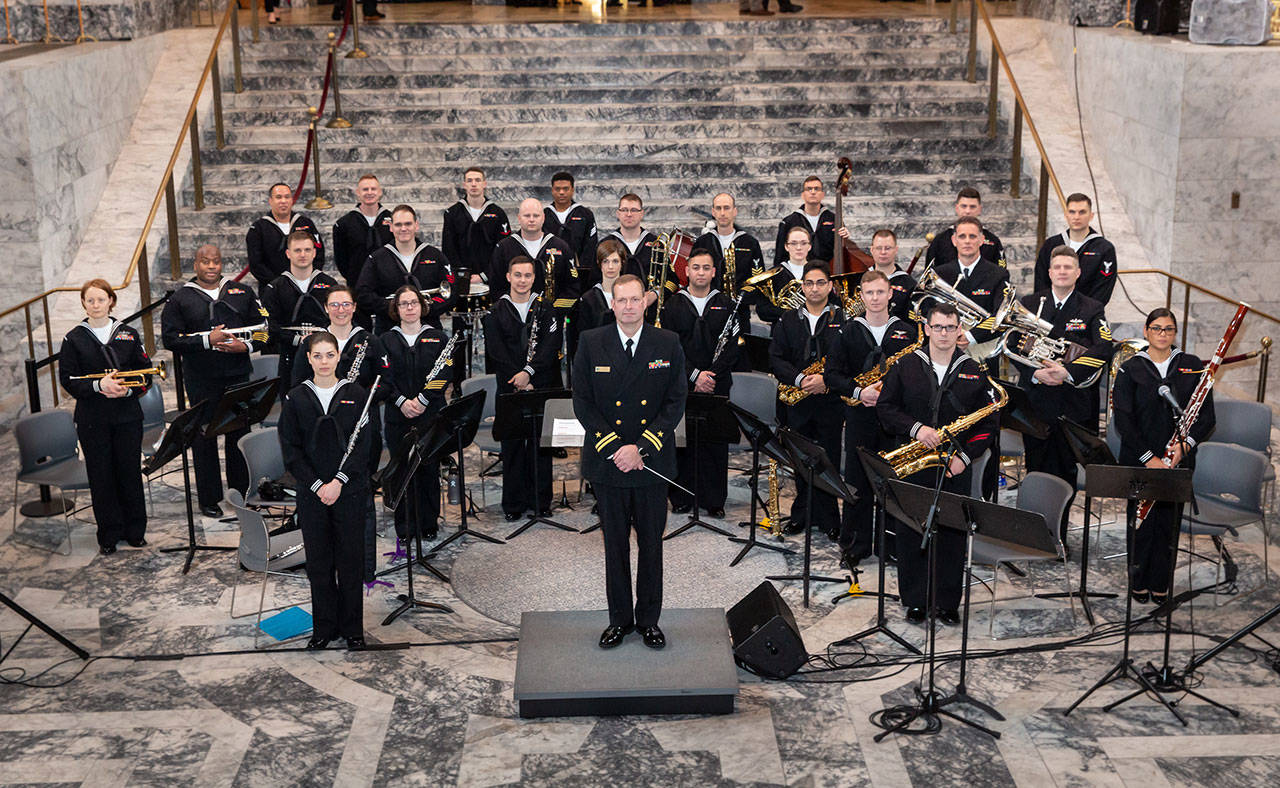 The Northwest Navy Band, pictured here at the Navy Day Performance at the Washington State Capitol on Jan. 29, joins the Sequim City Band for a performance March 1 at the Port Angeles High School auditorium. (Photo courtesy of Legislative Support Services)