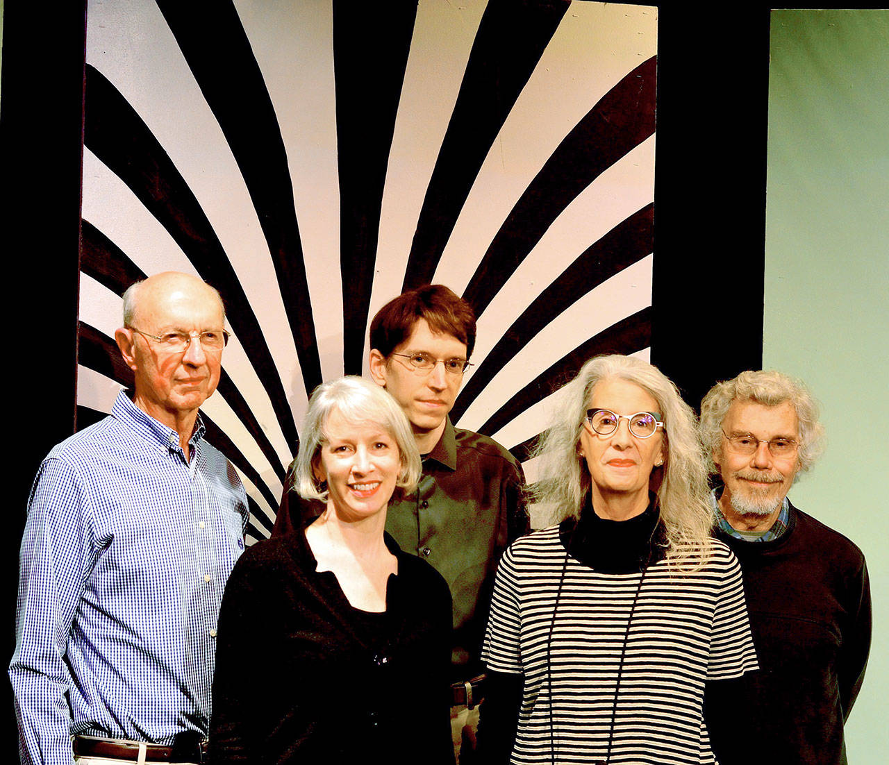 Winners of the PlayFest One-Act Play Competition gathered at Key City Public Theatre before the staging of their works this weekend. From left are Jim Gormly, Angela Gyurko, Doug Given, D.D. Wigley and Wynne Stevens. Winner Leonard Goodisman is not pictured. (Key City Public Theatre)