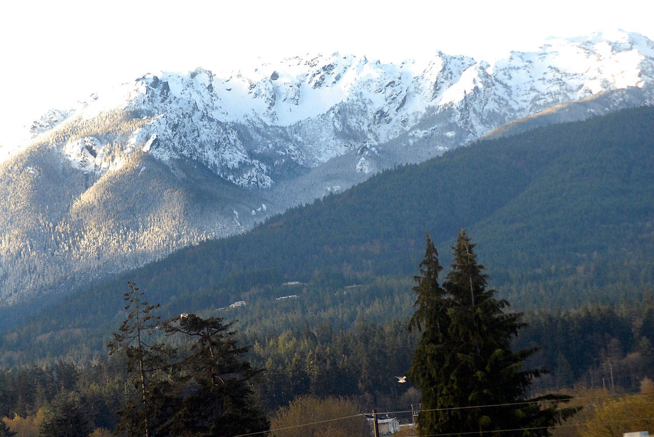 Snow covers Klahhane Ridge and the Olympic Mountains on Wednesday morning, as seen from Port Angeles. (Keith Thorpe/Peninsula Daily News)