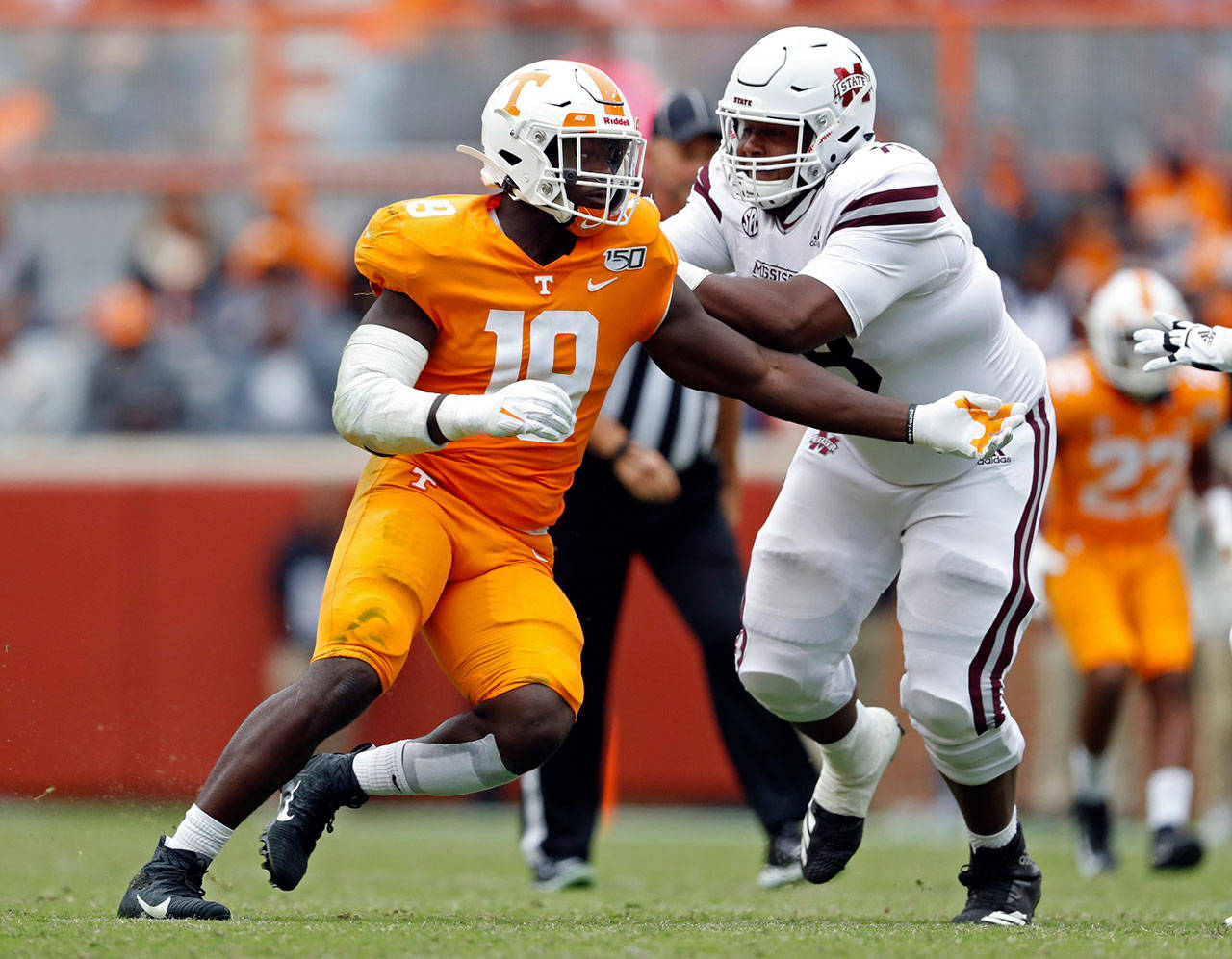 Tennessee linebacker Darrell Taylor (19) plays against Mississippi State October 2019 in Knoxville, Tenn. Taylor was selected by the Seattle Seahawks in the second round of the NFL football draft Friday.