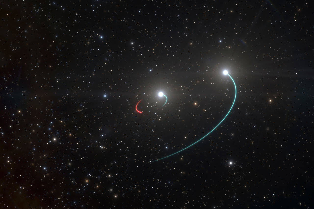 This illustration provided by the European Southern Observatory in May 2020 shows the orbits of the objects in the HR 6819 triple system. The group is made up of an inner binary with one star, orbit in blue, and a newly discovered black hole, orbit in red, as well as a third star in a wider orbit, blue. The team originally believed there were only two objects, the two stars, in the system. However, as they analyzed their observations, they revealed a third, previously undiscovered body in HR 6819: a black hole, the closest ever found to Earth, about 1000 light years away. (L. Calçada/ESO via AP)