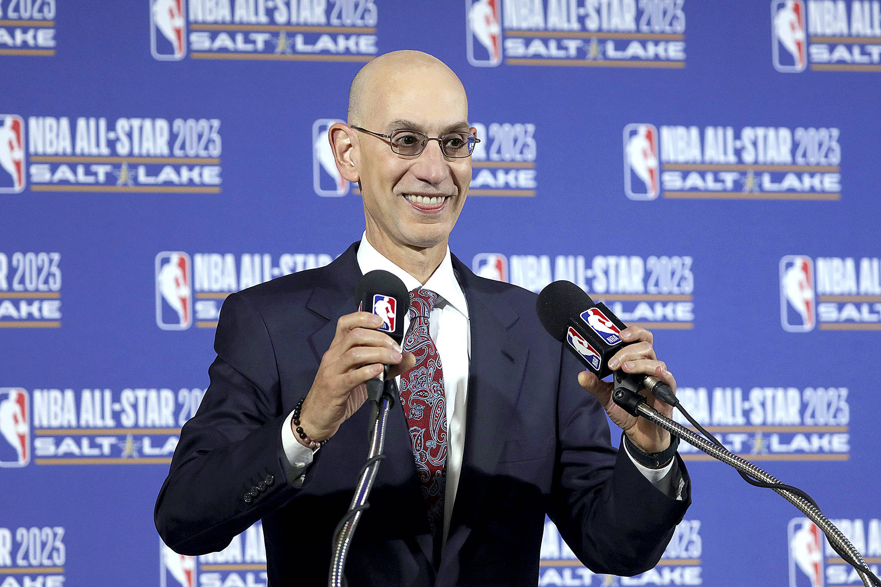 In this Oct. 23, 2019, file photo, NBA Commissioner Adam Silver speaks during a news conference at Vivint Smart Home Arena in Salt Lake City. Something is finally clear in the uncertain NBA. Players believe they’re going to play games again this season. The obvious questions like how, where and when remain unanswered. (Rick Bowmer/ Associated Press file)