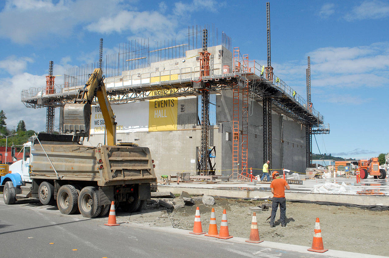 Work continues Wednesday, June 24, 2020, on the Field Arts & Events Hall near the Port Angeles waterfront. (Keith Thorpe/Peninsula Daily News)