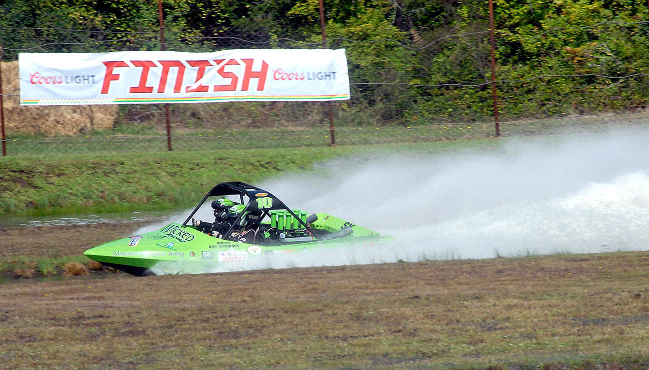 The Wicked Racing team of driver Dan Morrison and substitute navigator Taylor Thompson makes its way through the course at the Extreme Sports Park in Port Angeles during a September 2019 race. (Keith Thorpe/Peninsula Daily News file)