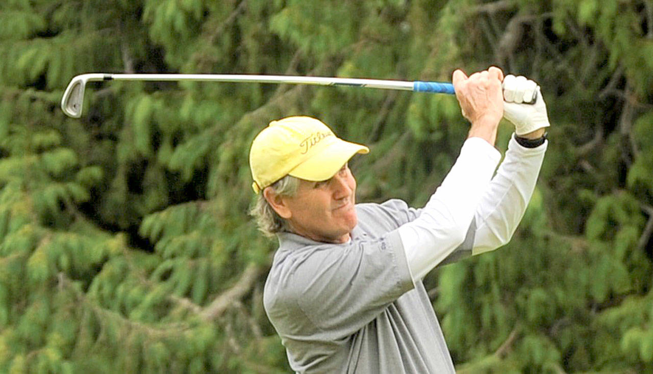 Jeff Jones of Sequim tees off at hole No. 2 at Sunland Golf & Country Club Saturday during the second round of the 2020 Clallam County Amateur Championship. (Michael Dashiell/Olympic Peninsula News Group)