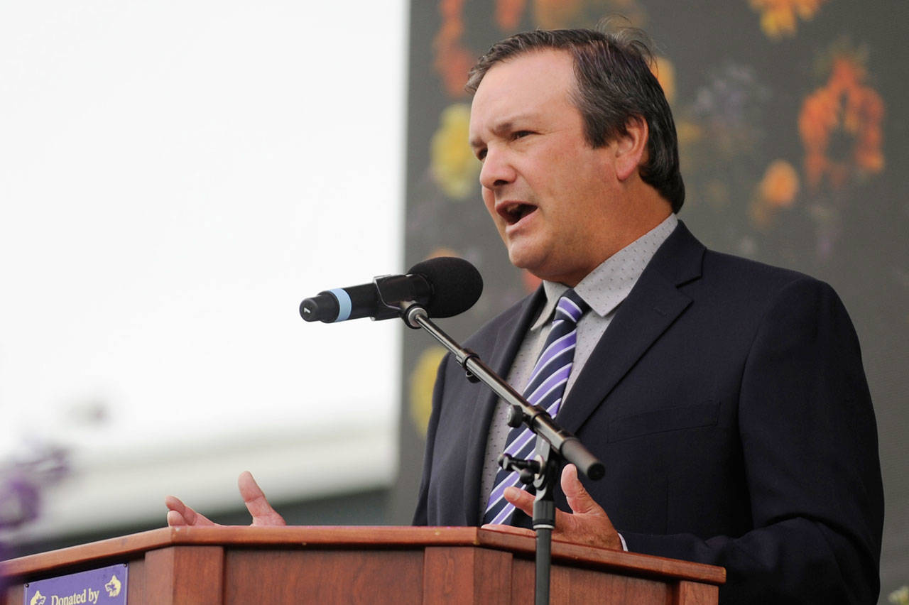 Sequim High School principal Shawn Langston speaks at the school’s 2020 graduation ceremony. The longtime administrator has been placed on leave. (Michael Dashiell/Olympic Peninsula News Group)