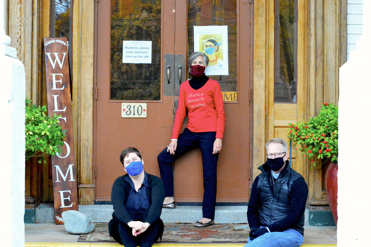 Centrum’s Michelle Hagewood, left, and Robert Birman are collaborating with Madrona MindBody Institute co-owner Renee Klein, center, to expand use of the Madrona building at Fort Worden State Park. (Diane Urbani de la Paz/for Peninsula Daily News)