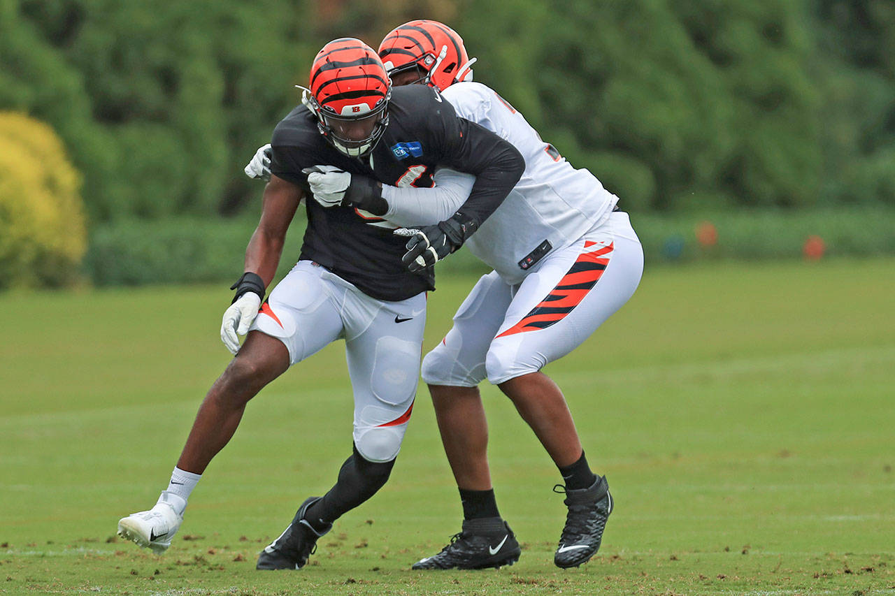 Cincinnati Bengals’ Carlos Dunlap, left, rushes against Fred Johnson, right, during an NFL football camp practice in Cincinnati on Tuesday, Aug. 18, 2020. (Aaron Doster/Associated Press)