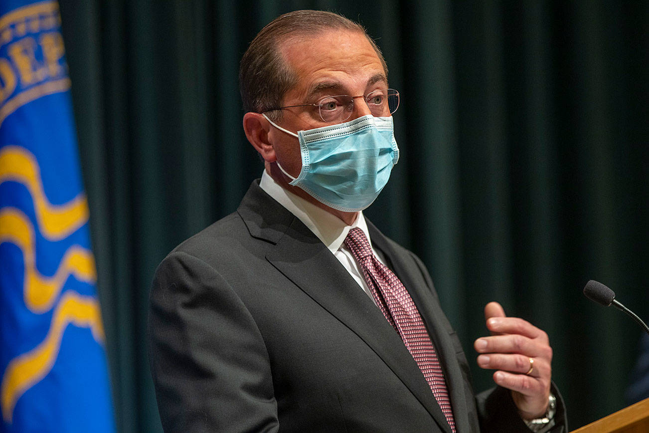 U.S. Department of Health and Human Service Secretary Alex Azar speaks during a COVID-19 briefing at the Centers for Disease Control and Prevention headquarter campus in Atlanta, Wednesday, Oct. 21, 2020.  (Alyssa Pointer /Atlanta Journal-Constitution via AP)