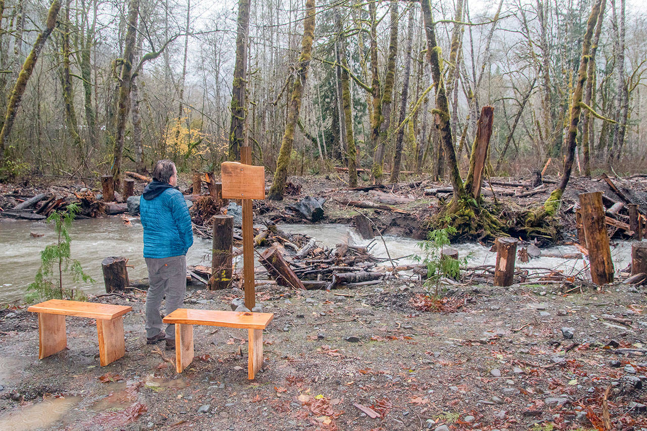 A sitting area on Little River dedicates the project to Rick Skelly, a supportive landowner of the project. Skelly died during the second year of construction. (Photo courtesy of Tiffany Royal/Northwest Indian Fisheries Commission)