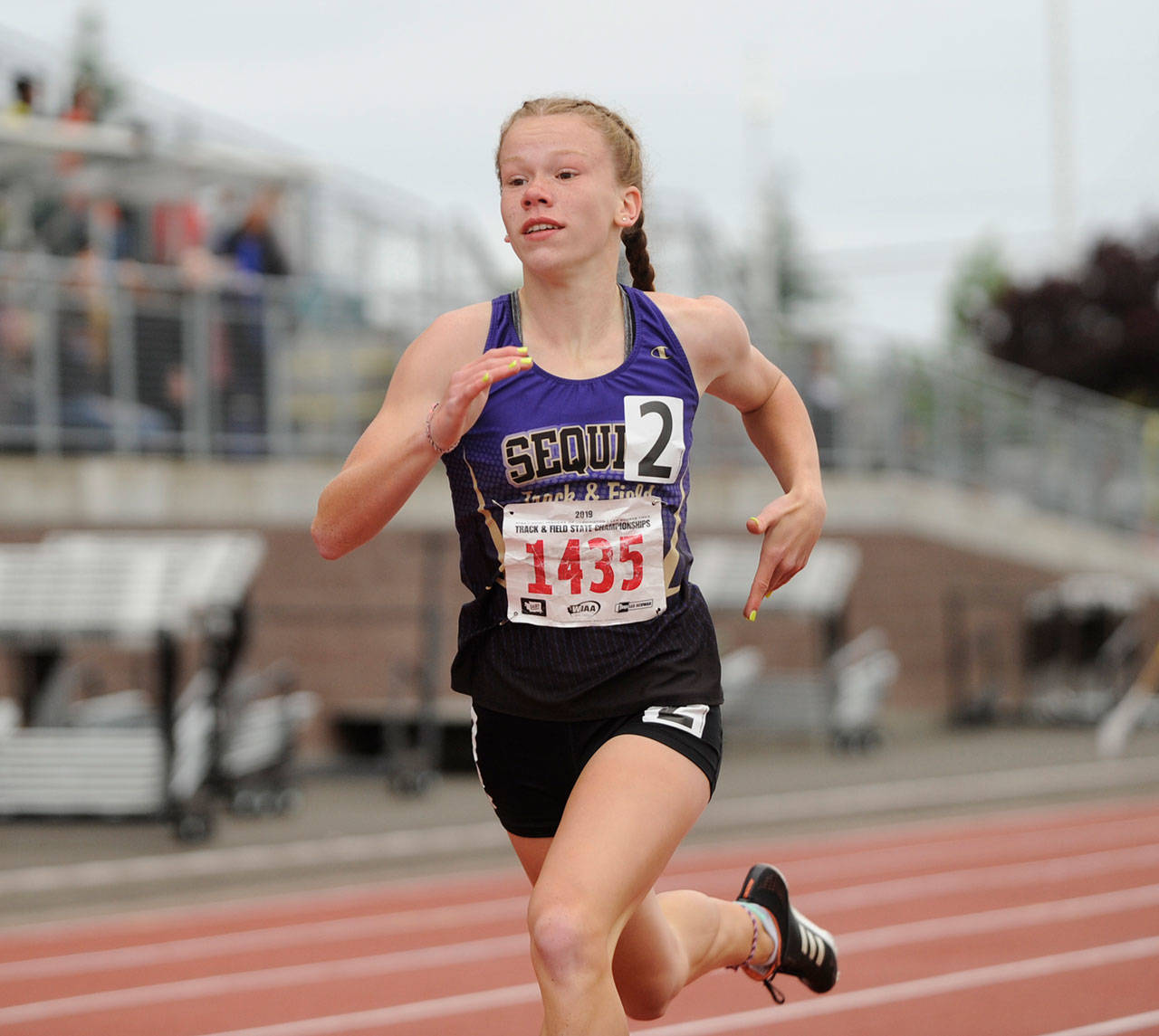 Sequim’s Riley Pyeatt races in the preliminaries of the 200 meters at the Class 2A state track and field championships in Tacoma in May 2019. Pyeatt placed fifth in the 400-meter race. (Michael Dashiell/Olympic Peninsula News Group file)