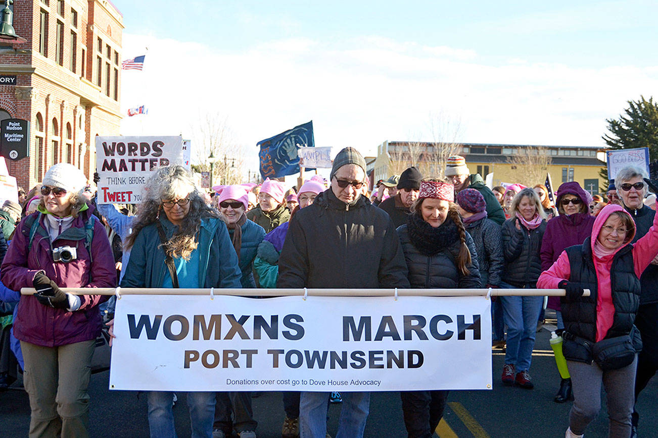 Hundreds turned out for the Womxn's March in Port Townsend, one of hundreds around the world in January 2017. (Peninsula Daily News)