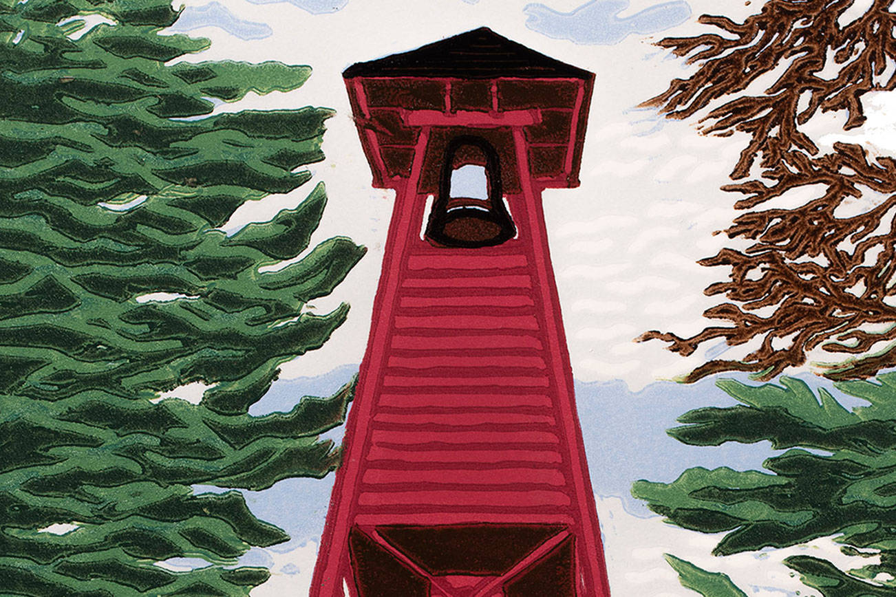 "Fire Bell Tower" by Phillip Carrico is among the pieces chosen for the 14th Annual Collective Visions Gallery show in Bremerton. 
Mitchel Osborne’s “Split Screen” is an architectural study.
Margaret Woodcock’s “Roadside Composition” was inspired by a walk.