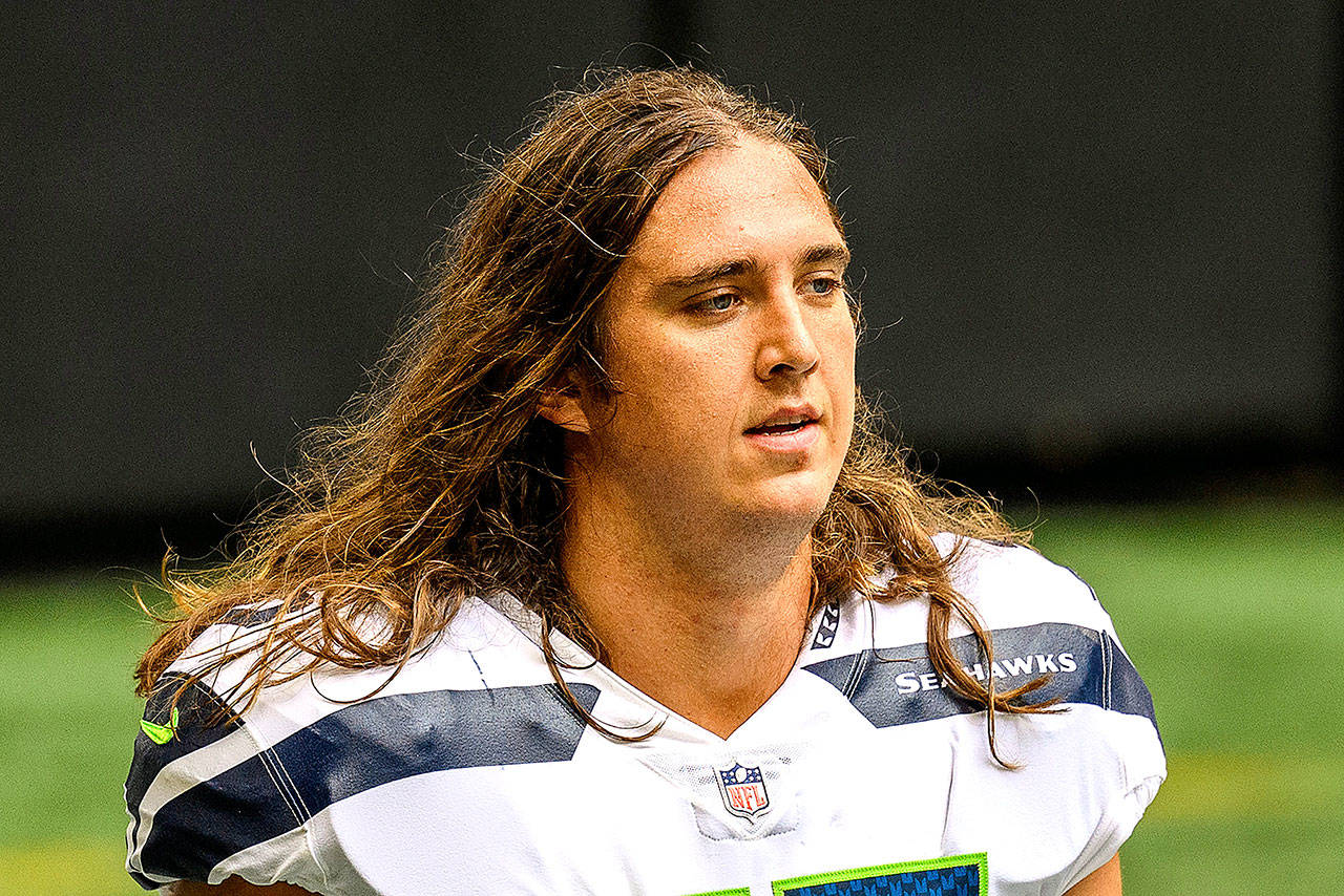 <strong>Danny Karnik</strong>/The Associated Press
Former Seattle Seahawks offensive tackle Chad Wheeler (75) before an NFL football game against the Atlanta Falcons in Atlanta on Sept. 13, 2020. Wheeler is facing arraignment in court Monday following his arrest last weekend for investigation of domestic violence.