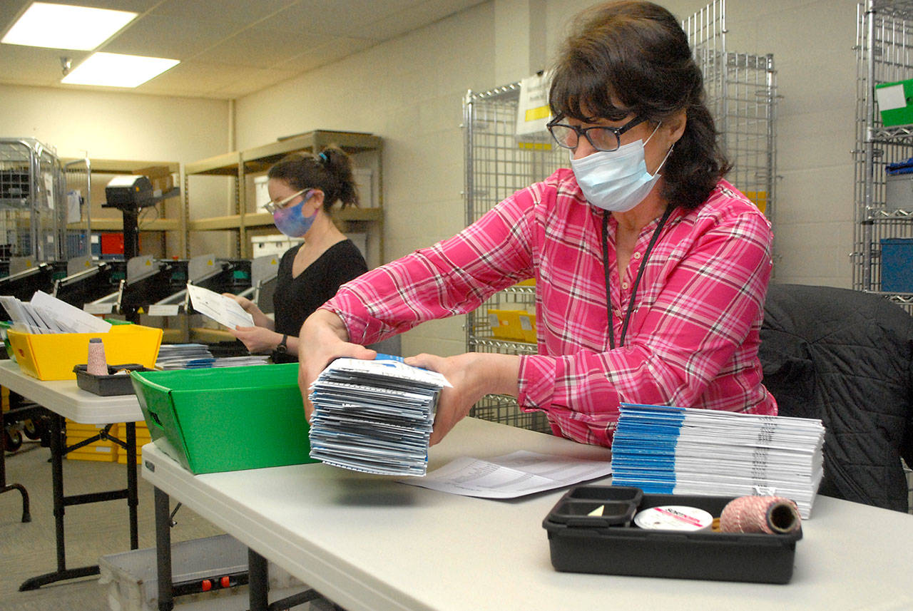 Clallam County election officials Nancy Buckner of Sequim, front, and Nicole Mischke of Port Angeles sort through special election ballots earlier today at the county courthouse in Port Angeles. (Keith Thorpe/Peninsula Daily News)