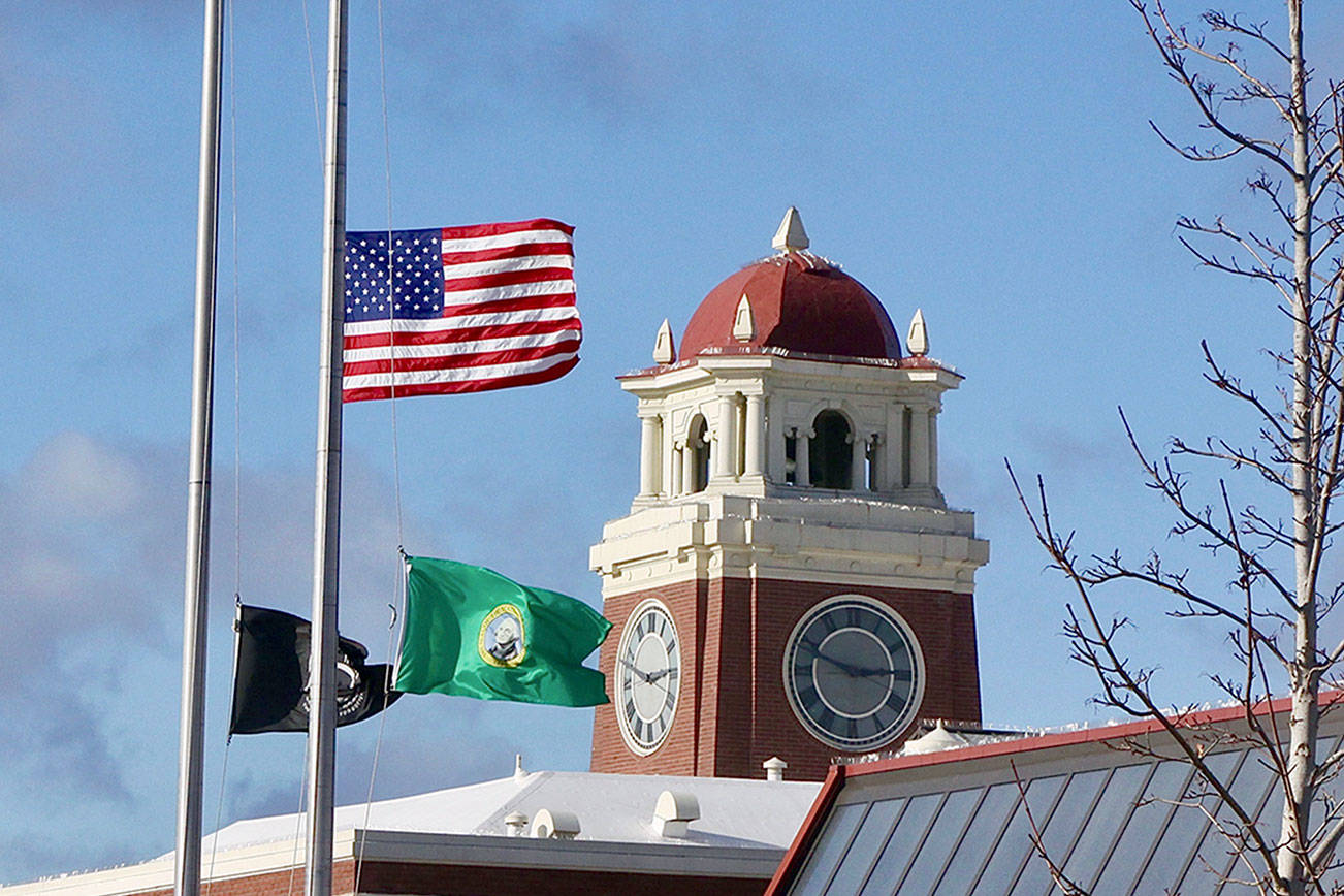 Flags across the country were at half mast the past few days as the United States passed the dubious mark of half a million Americans having died of COVID-19. The flags at the Clallam County Courthouse were no exception as they fluttered in strong winds Tuesday at half staff. dlogan