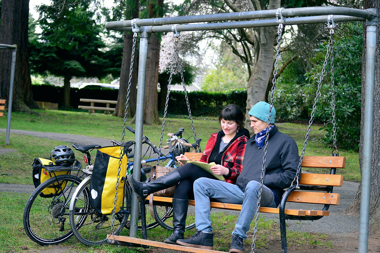 Sophie Elan and Mark Katsikapes enjoy Tuesday afternoon at Port Townsend’s Chetzemoka Park, which has received a $127,000 bequest from a Sequim woman who loved the spacious park. (Diane Urbani de la Paz/Peninsula Daily News)