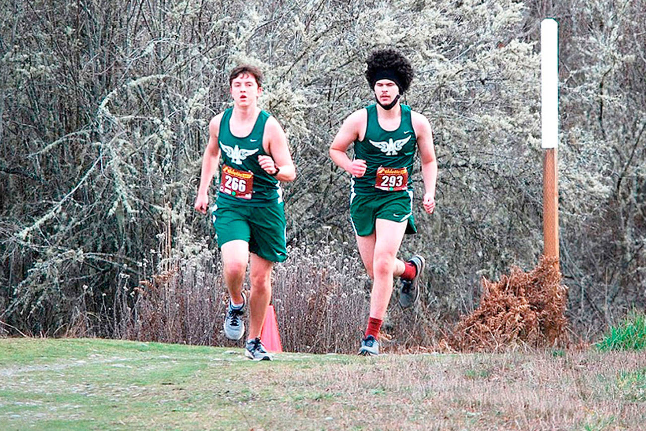 Port Angeles cross country runners from left, Caleb McLarty and Brock Tejeda on the course in Sequim. Rodger Johnson photo