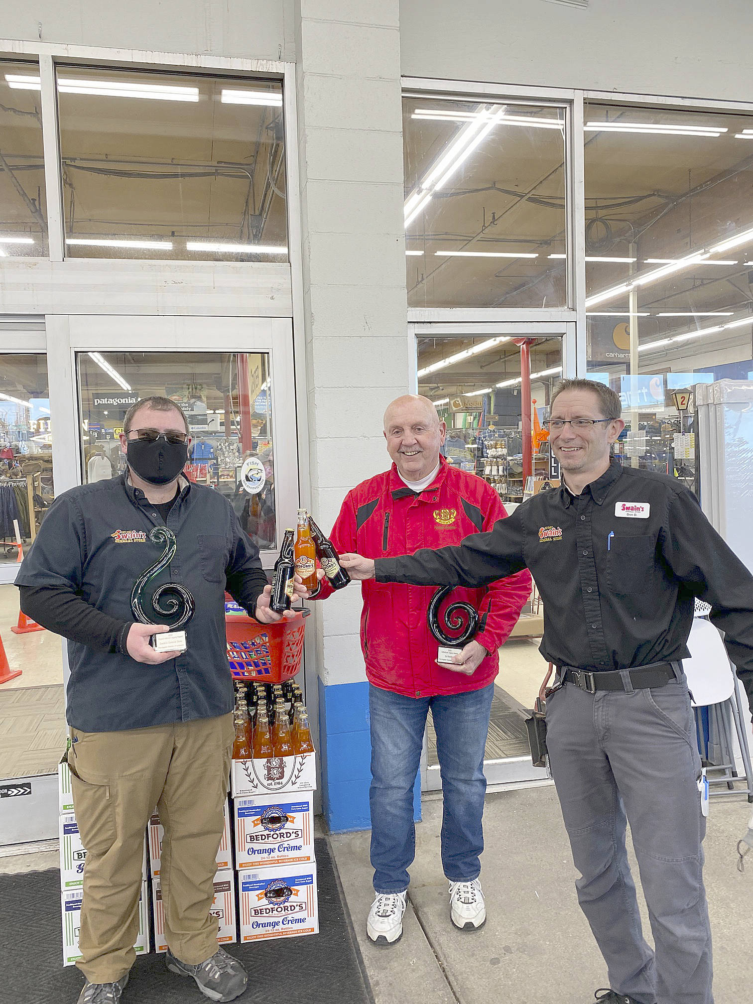 Cheers to winners 

Toasting each other with Bedford’s Sodas are, from left, Ryan Gedlund of Swain’s General Store, Ed Bedford, creator of Bedford’s Sodas and Don Droz of Swain’s after Swain’s and Bedford were presented with the 2021 Legacy Awards. Not pictured is Tim Tucker, Port Angeles Chamber of Commerce president, who presented the awards. The Port Angeles Chamber of Commerce Legacy Awards began in 2020 and are awarded to an organization and an individual who have built impressive and positive legacies for our community, said Marc Abshire, chamber executive director. Last year’s winners were Black Ball Ferry Line and, posthumously, Jim Moran.