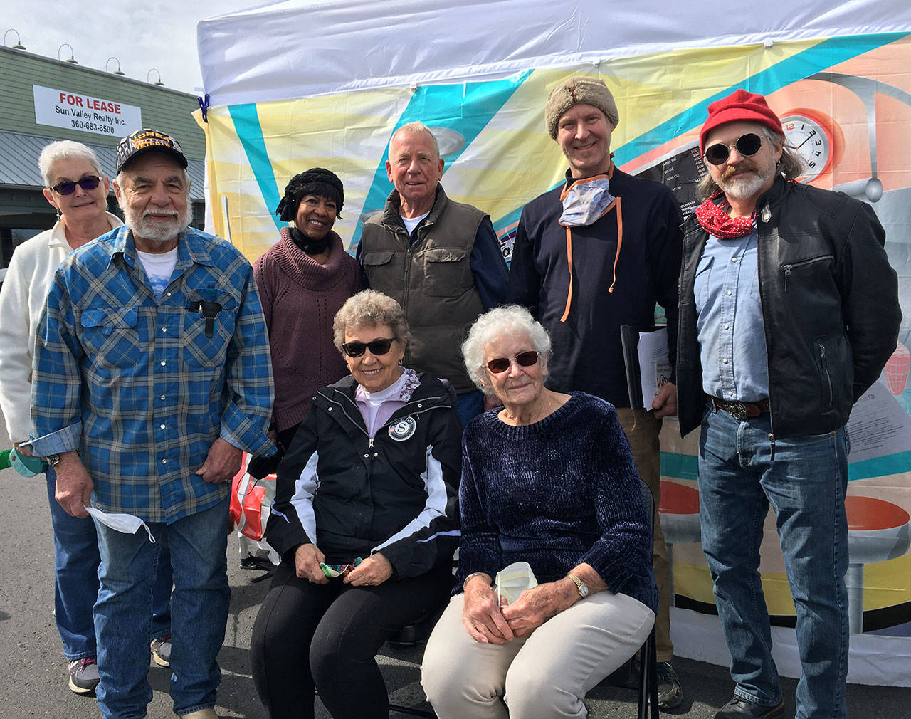 Volunteers from the Brinnon Food Bank enjoy the RSVP Volunteer Appreciation event in Sequim on April 1. Pictured are back row, from left, Eloise Langenbach, Beverly Clark, Mike Langenbach, Gustav Sculptor and Larry Steiner; and front row, from left, Larry Hartley, Doris Muir and Jacque Hartley. (Photo courtesy Imelda Walters)