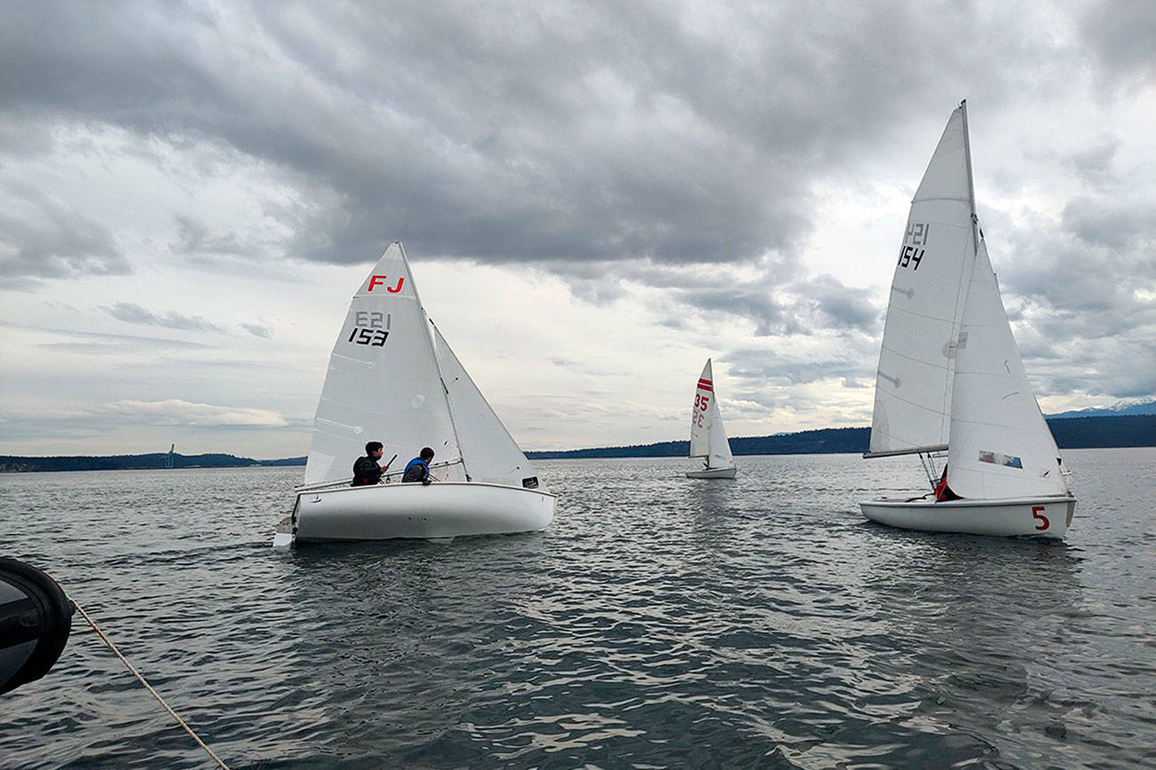 Sailors from Port Townsend and Port Angeles high schools compete in a regatta on Port Townsend Bay on Saturday, April 3.