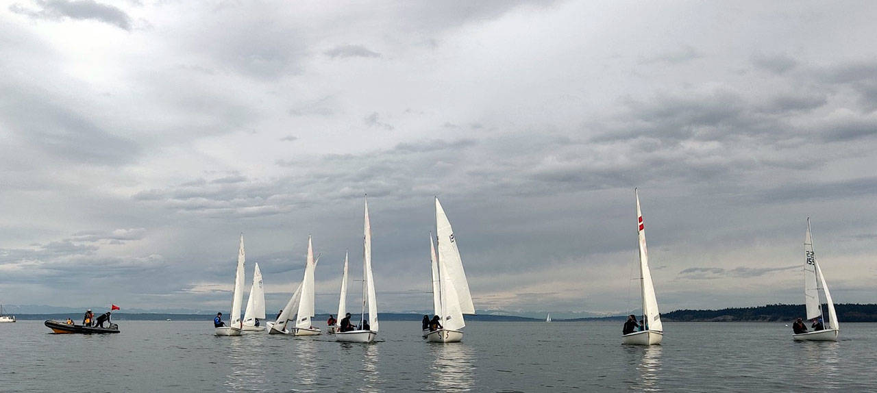 Sailing teams made up of crews from Port Angeles and Port Townsend high schools encountered light winds on Port Townsend Bay during the two team’s first competition in more than a year Saturday, April 3.
Sailing teams made up of crews from Port Angeles and Port Townsend high schools encountered light winds on Port Townsend Bay during the two team’s first competition in more than a year Saturday, April 3.