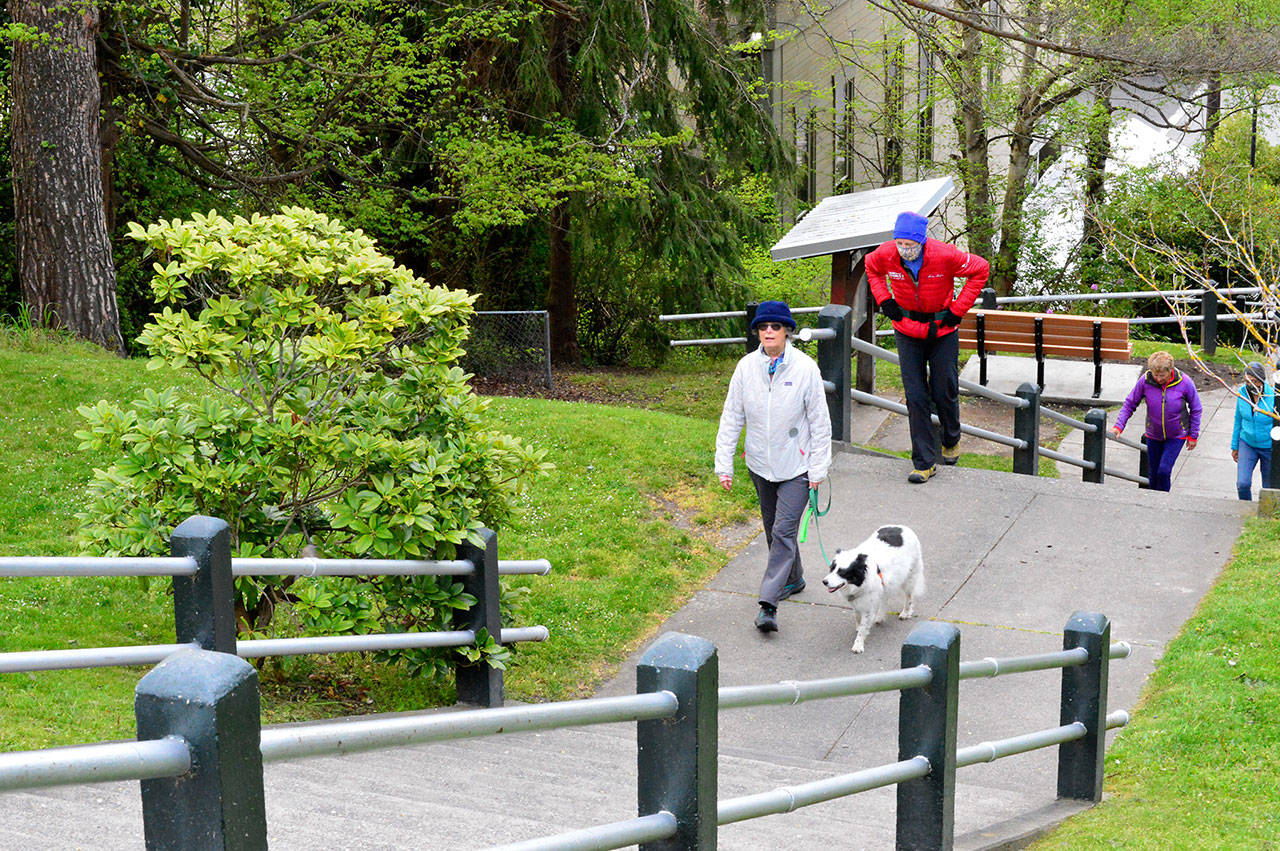 Christine Edwards, her Border collie Zoe by her side, and Mari Friend lead the charge Wednesday morning up the Taylor Street stairs, a de facto exercise facility connecting downtown and Uptown Port Townsend. (Diane Urbani de la Paz/Peninsula Daily News)