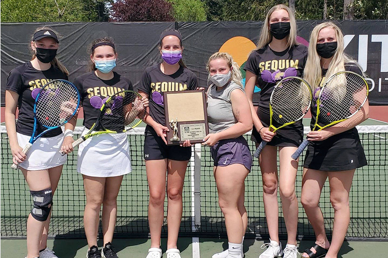 The Sequim girls tennis team won the Class 1A/2A/3A Olympic League Tournament on Thursday to go along with the Wolves' regular season title. From left, the doubles duo of Melissa Porter and Allie Gale finished fourth, singles champion Kalli Wiker, Olivia Preston was fourth in singles and doubles champions McKenna Hastings and Kendall Hastings.